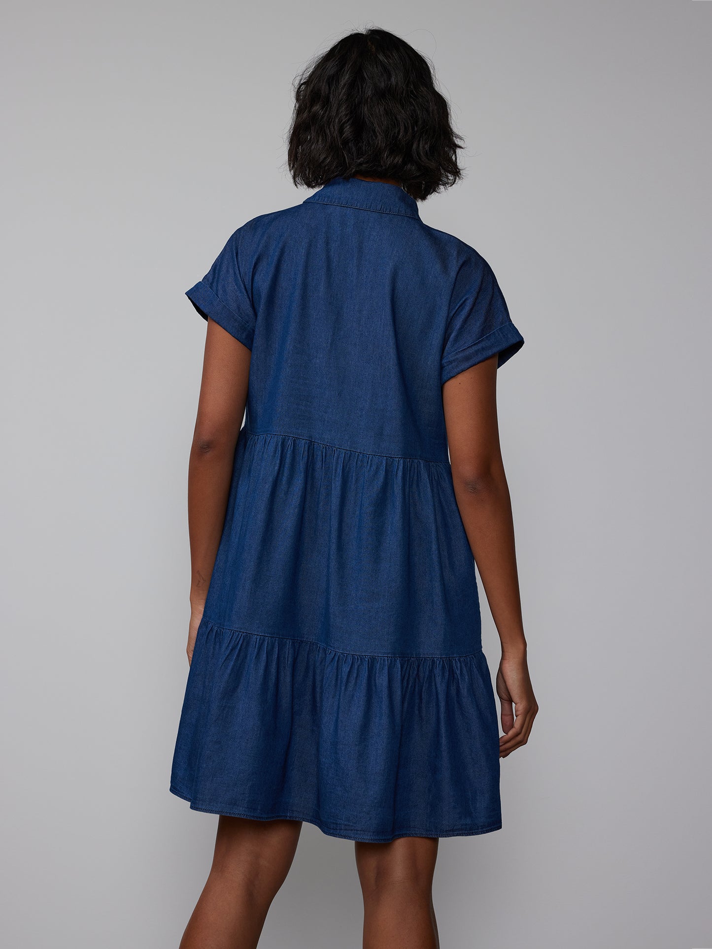 Plus Short Sleeve Chambray Tiered Shirt Dress