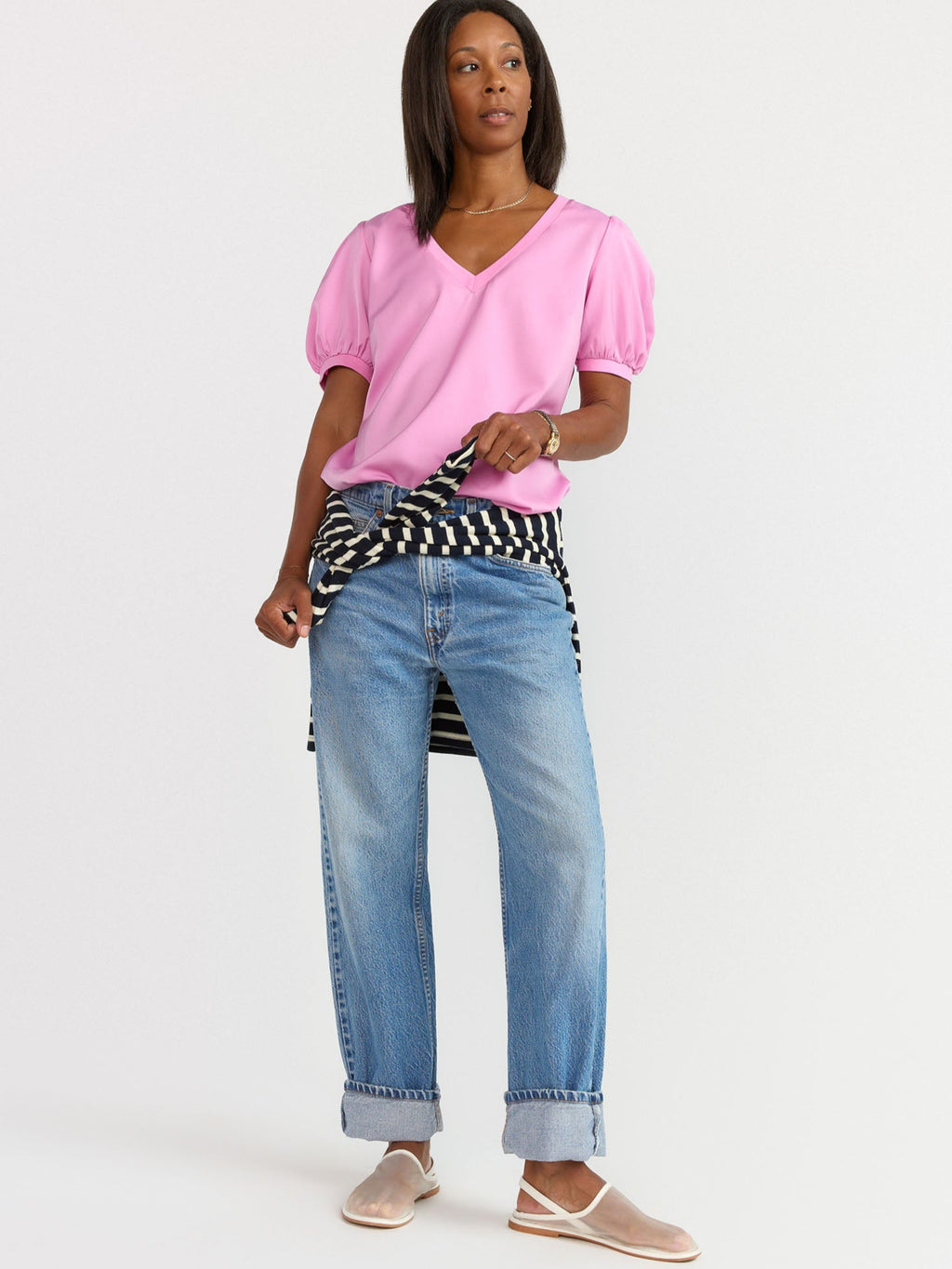 V-Neck Puff Sleeve Satin Top