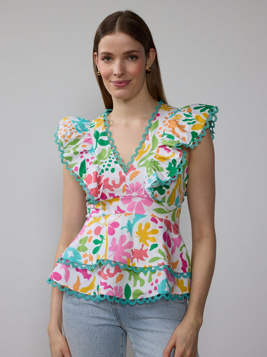 Plus Cap Sleeve V-Neck Trim Floral Peplum Top