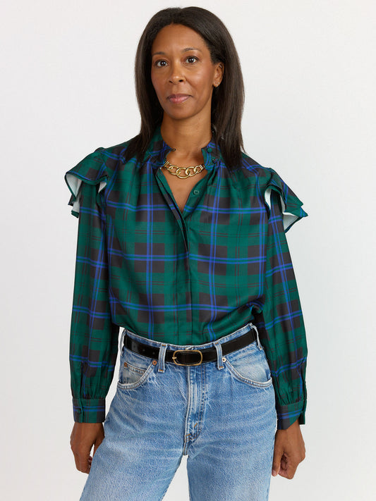 Ruffle Sleeve Mock Neck Flannel Blouse