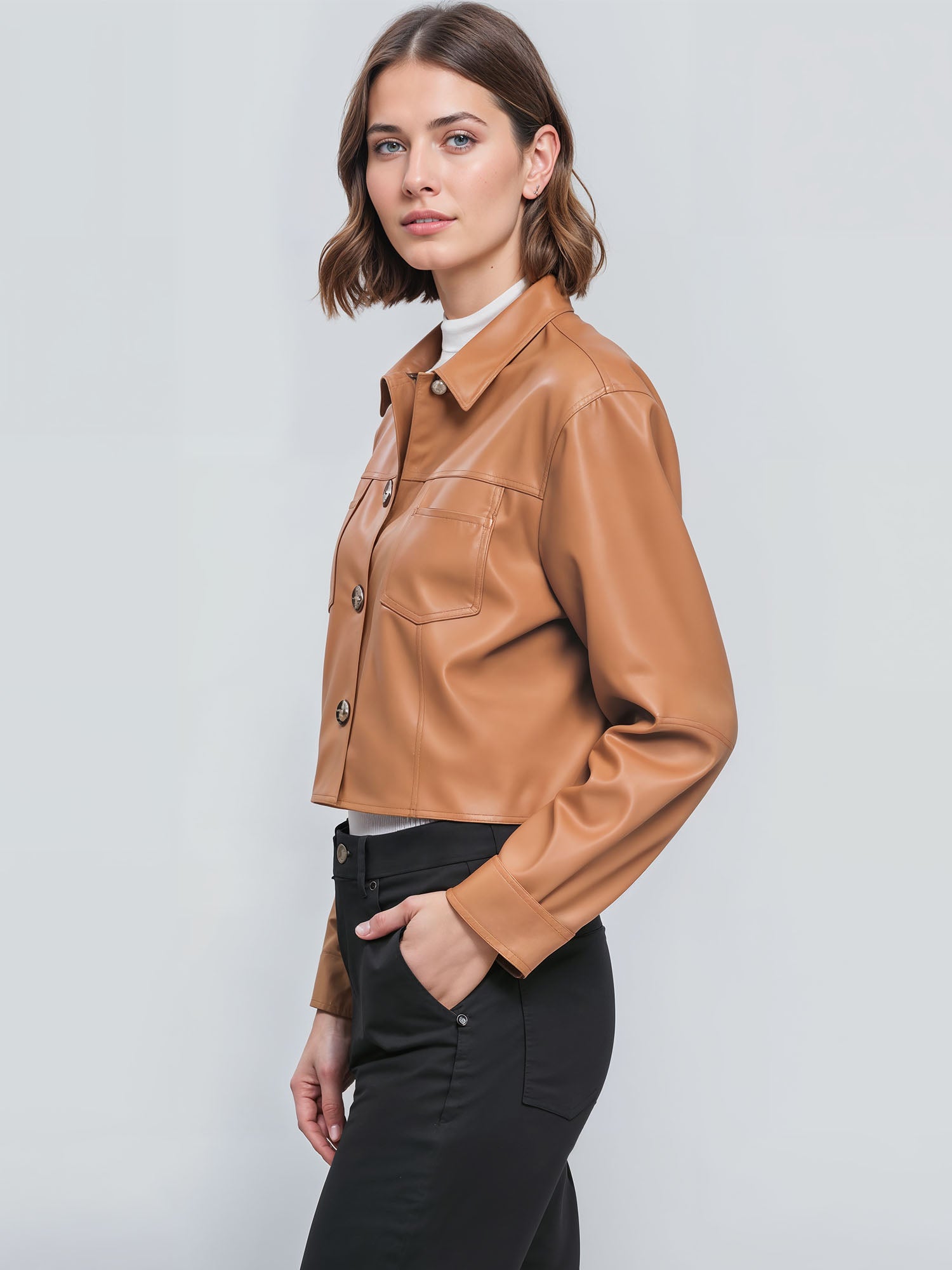Cropped Vegan Leather Utility Shacket