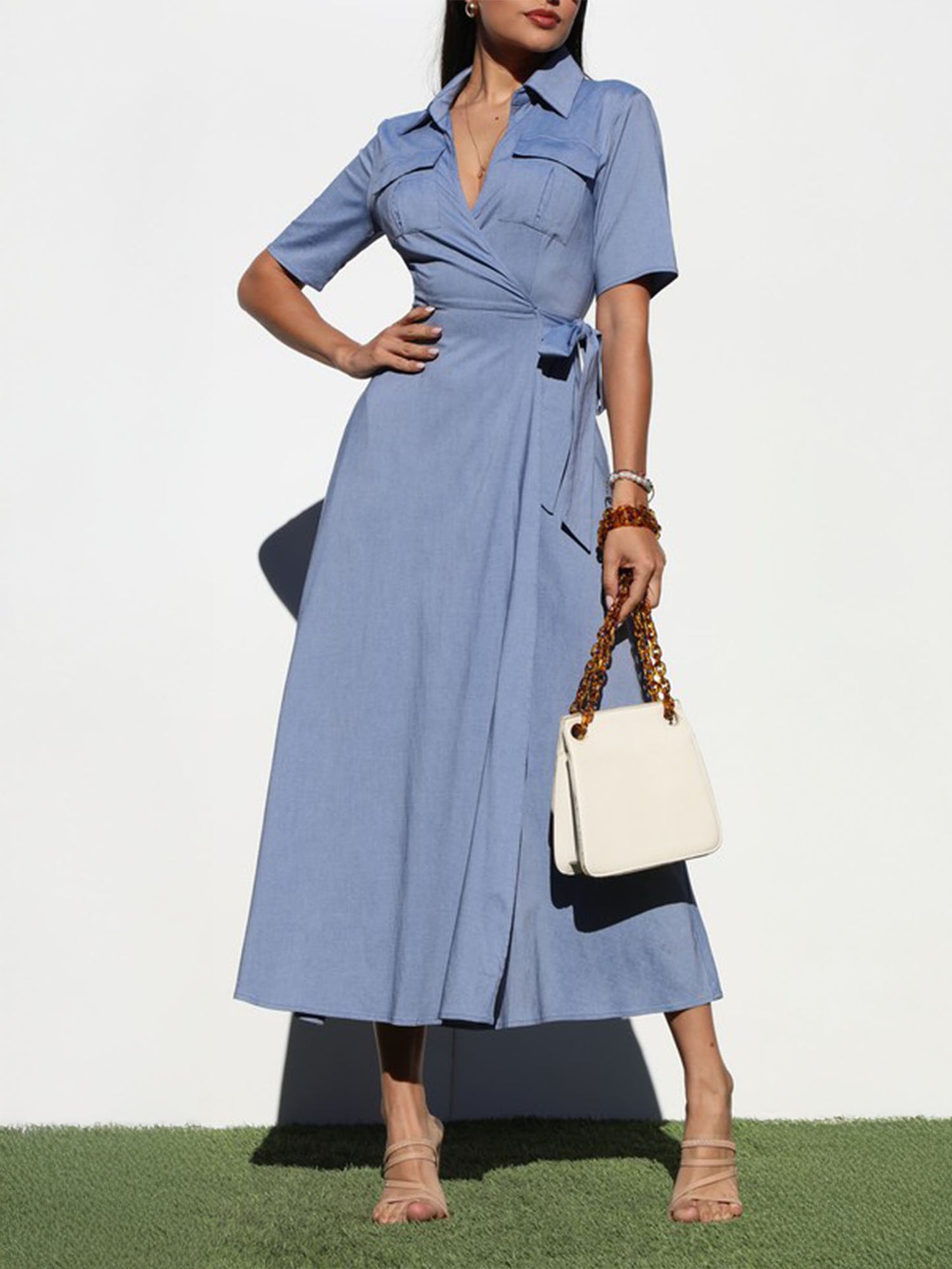 Wrap Tie Waist Midi Shirt Dress